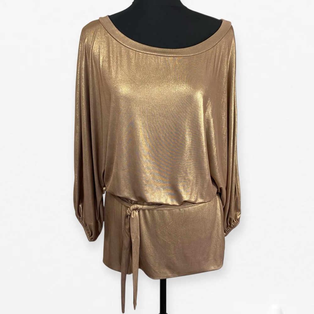 Bisou Bisou Elegant Metallic Gold tie waist Women's Top blouse L